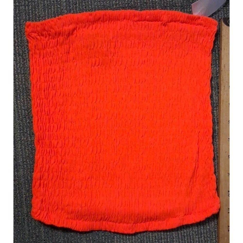 Vtg Womens‎ Strapless Bandeau Tube Top Smocked Crop Neon Orange One Sz 80's NOS - Picture 2 of 4
